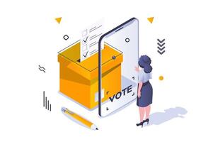 val och röstning begrepp i 3d isometrisk design. kvinna väljare väljer politisk kandidat och sätta bock på elektronisk valsedel st skärm. vektor illustration med isometrisk människor scen för webb grafisk