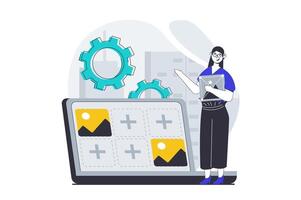 ui ux design begrepp med människor scen i platt grafisk för webb. kvinna skapande, placering och redigering bild element för hemsida layout. vektor illustration för social media baner, marknadsföring material.