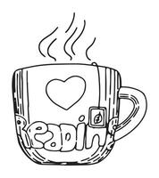 Gliederung Zeichnung von Tasse von Tee. Becher mit ein drucken Liebe Lektüre. Hand gezeichnet Vektor Illustration. Gravur retro Stil Clip Art isoliert auf Weiß Hintergrund.
