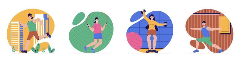 Fitness Konzept mit Menschen Szenen einstellen im eben Netz Design. bündeln von Charakter Situationen mit Männer und Frauen Betrieb, ausüben mit Springen Seil, Hantel Ausbildung, tun Yoga. Vektor Illustrationen.