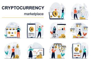kryptovaluta marknad begrepp med karaktär situationer mega uppsättning. bunt av scener människor analyserar finansiell trender på utbyta, köpa eller sälja bitcoins. vektor illustrationer i platt webb design