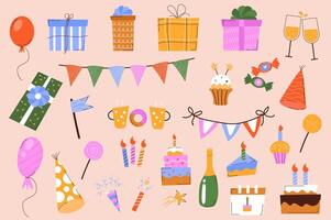 födelsedag Semester mega uppsättning i grafisk platt design. bunt element av ballonger, gåvor, champagne, girlander, cupcakes, hattar, klubbor, ljus, kaka och Övrig. vektor illustration isolerat klistermärken