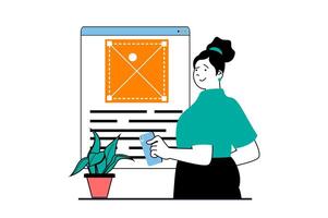 app utveckling begrepp med människor scen i platt webb design. kvinna skapande gui layout, design innehåll och placering på mockup. vektor illustration för social media baner, marknadsföring material.