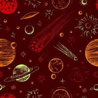 kosmisch Raum nahtlos Muster. abstrakt Ornament von Planeten, Sterne, Kometen, Asteroiden, Galaxien. Hand gezeichnet Vektor Astronomie Illustrationen.
