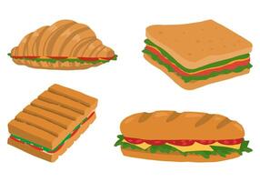 uppsättning av smörgåsar, croissant med gott fyllning. samling av snabb mat doodles. hand dragen vektor illustration i platt stil. tecknad serie cliparts isolerat på vit bakgrund.