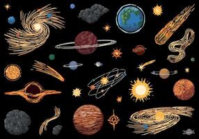 kosmisk Plats klotter uppsättning. tecknad serie ritningar av planeter, stjärnor, kometer, asteroider, galaxer. astronomi fenomen skisser. hand dragen vektor illustration isolerat på svart.