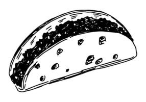 Taco skizzieren, Mais Tortilla gefüllt. Hand gezeichnet Vektor Illustration im retro Stil. Mexikaner Essen Single Gekritzel. Gliederung Clip Art isoliert auf Weiß Hintergrund.