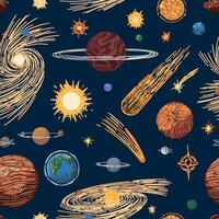 abstrakt kosmisk Plats sömlös mönster. prydnad av planeter, stjärnor, kometer, asteroider, galaxer. hand dragen färgrik vektor illustrationer.