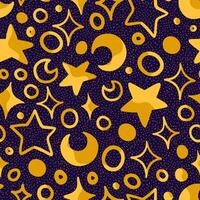 abstrakt Hand gezeichnet Vektor nahtlos Muster. hell bunt Ornament von süß Sterne, Monde, zufällig Formen. Universal- Design zum drucken, wickeln, Stoff, Textil, Tapeten, Hintergrund, Dekoration, Karten.