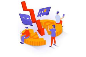 Arbeitslosigkeit und Krise Konzept im 3d isometrisch Design. Menschen Quetschen Anerkennung Karte und Münze, verliert Ersparnisse, Konkurs und finanziell Problem. Vektor Illustration mit Isometrie Szene zum Netz Grafik