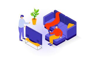 Zuhause Innere Konzept im 3d isometrisch Design. Menschen im Leben Zimmer mit groß Sofa, Kissen und Decke, Fernseher Plasma auf Stand und eingetopft Pflanze. Vektor Illustration mit Isometrie Szene zum Netz Grafik