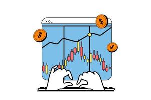 Finanzen Konzept mit Menschen Szene im eben Netz Design. finanziell Budget Buchhaltung, rechnen Einkommen Geld und Daten Graph Analyse. Vektor Illustration zum Sozial Medien Banner, Marketing Material.