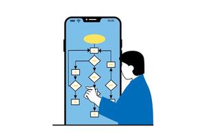 app utveckling begrepp med människor scen i platt webb design. man utvecklande mobil Ansökan på plattform, skapande algoritm systemet. vektor illustration för social media baner, marknadsföring material.