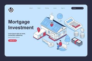 Hypothek Investition Konzept im 3d isometrisch Design zum Landung Seite Vorlage. Menschen Kauf Neu Häuser, Gehäuse Wohnung, investieren Geld im echt Anwesen, besitzen Eigentum. Vektor Illustration zum Netz