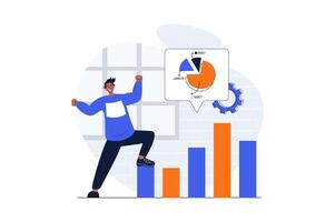 Der Umsatz Performance Netz Konzept mit Charakter Szene. Mann analysieren finanziell Diagramm und Diagramm, erhöhen, ansteigen Einkommen. Menschen Situation im eben Design. Vektor Illustration zum Sozial Medien Marketing Material.