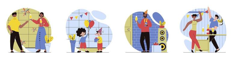 glücklich Geburtstag Konzept mit Menschen Szenen einstellen im eben Netz Design. bündeln von Charakter Situationen mit Party Feier beim Kinder Urlaub oder festlich Veranstaltungen mit Dekorationen. Vektor Illustrationen.