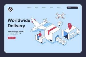 weltweit Lieferung Konzept im 3d isometrisch Design zum Landung Seite Vorlage. Menschen Arbeiten beim global logistisch Unternehmen Service, Verwaltung Paket Luftpost und van Versand. Vektor Illustration zum Netz