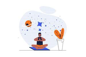 Yoga Asanas Konzept mit Charakter Szene. Mann Sitzung im Lotus Pose, Atmung und Meditation Achtsamkeit. Menschen Situation im eben Design. Vektor Illustration zum Sozial Medien Marketing Material.