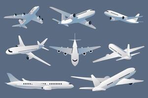 passagerare flygplan mega uppsättning element i platt design. bunt av flygande plan med flyg turbin vingar, flygplan i främre, ta av eller landning vyer. vektor illustration isolerat grafisk objekt