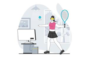 virtuell verklighet begrepp med människor scen i platt design för webb. kvinna i vr headsetet spelar tennis och Träning för cyber sporter. vektor illustration för social media baner, marknadsföring material.