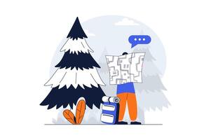 Reisen Netz Konzept mit Charakter Szene. Mann mit Rucksack suchen beim Karte mit Route und Wandern im Wald. Menschen Situation im eben Design. Vektor Illustration zum Sozial Medien Marketing Material.