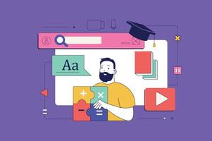 Bildung Konzept im eben Neo Brutalismus Design zum Netz. Schüler studieren beim online Kurse, Lernen Tutorials beim Universität Klasse. Vektor Illustration zum Sozial Medien Banner, Marketing Material.