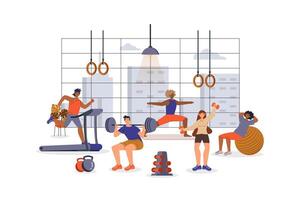 kondition Träning begrepp med karaktär scen för webb. kvinnor och män do yoga, lyft skivstång, löpning löpband i Gym. människor situation i platt design. vektor illustration för marknadsföring material.