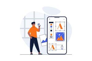 webb utveckling begrepp med karaktär scen. man skapande element och färger för utvecklande mobil layout. människor situation i platt design. vektor illustration för social media marknadsföring material.