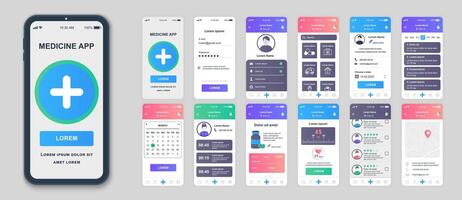 Medizin Handy, Mobiltelefon App Bildschirme einstellen zum Netz Vorlagen. Pack von Anmeldung Profil, online Dienstleistungen, Arzt besucht Kalender, Gesundheit Daten. ui, ux, gui Benutzer Schnittstelle Kit zum Handy Grundrisse. Vektor Design