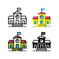 de skola ikon är representerade förbi en byggnad med en vägg klocka och en flagga på topp vektor