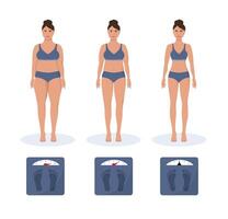 Fett und dünn Frau Gewicht Verlust Konzept. Diät und Fitness. Vor und nach Körper gestalten Mädchen Messung schlank Taille. vektor