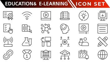 Bildung und E-Learning Netz Symbole im Linie Stil. Schule, Universität, Lehrbuch, Lernen. Vektor Illustration