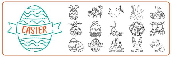 glücklich Ostern Linie Symbol Satz. Vektor Urlaub Zeichen Ei, Vogel und Hase oder Blume Frühling.