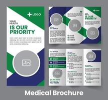 Gesundheit dreifach Broschüre Vorlage. medizinisch Katalog Pamphlet Design.. Grün Akzent Flyer vektor