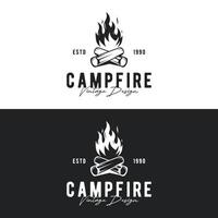 hipster årgång bål logotyp design. logotyp för camping, äventyr vilda djur och växter, lägereld. vektor