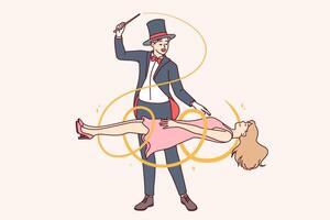 Mann Zauberer demonstriert Magie Trick durch Herstellung Frau Assistent schweben während Zirkus Performance vektor