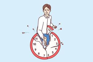 Mann Büro Arbeiter geht kaputt Uhr ablehnen zu einhalten mit streng Fristen und Folgen Geschäft Zeitplan vektor