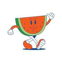 vattenmelon retro maskot. rolig tecknad serie karaktär av vattenmelon. vektor