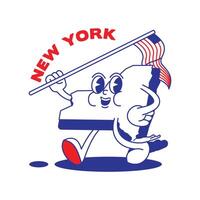 ny york stat retro maskot med hand och fot klämma konst. USA Karta retro tecknad serie klistermärken med rolig komisk tecken och handskar händer. vektor mall för hemsida, design, omslag, infografik.