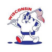 Wisconsin stat retro maskot med hand och fot klämma konst. USA Karta retro tecknad serie klistermärken med rolig komisk tecken och handskar händer. vektor mall för hemsida, design, omslag, infografik.