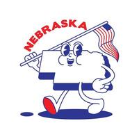Nebraska stat retro maskot med hand och fot klämma konst. USA Karta retro tecknad serie klistermärken med rolig komisk tecken och handskar händer. vektor mall för hemsida, design, omslag, infografik.