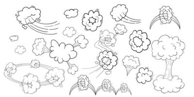 komisk rörelse effekt, moln hastighet sätt, spår uppsättning snabb vind virvla runt, puff poff element isolerat på vit bakgrund. blåsa explosion. vektor illustration