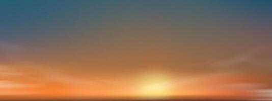 himmel blå med moln bakgrund, vektor horisont strand solnedgång med gul, rosa, orange pastell i vår, panorama skön natur morgon- soluppgång himmel i sommar, banner landskap bakgrund