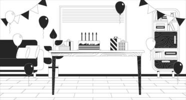 födelsedag fest firande svart och vit linje illustration. festlig kaka och gåvor i dekorerad rum 2d interiör svartvit bakgrund. Lycklig Semester congratulation översikt scen vektor bild