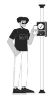 spanisch jung Mann bezahlen Fahrpreis mit nfc Telefon schwarz und Weiß 2d Linie Karikatur Charakter. Bus Pendler Latino männlich isoliert Vektor Gliederung Person. kabellos Zahlung monochromatisch eben Stelle Illustration