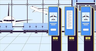 kolla upp i flygplats terminal plan tecknad serie platt illustration. själv service maskin för biljetter 2d linje interiör färgrik bakgrund. avresa väntar vardagsrum Nej människor scen vektor berättande bild