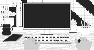 schwarz Mann Arbeiten auf Computer 2d linear Illustration Konzept. leer Bildschirm Monitor beim Arbeitsplatz Karikatur Szene Hintergrund. Büro Arbeitsplatz mit pc Metapher abstrakt eben Vektor Gliederung Grafik