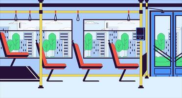 Bus drinnen mit Zahlung Terminal Karikatur eben Illustration. Pendler Öffentlichkeit Transport 2d Linie Innere bunt Hintergrund. pos Straßenbahn Transport Innerhalb Nein Menschen Szene Vektor Geschichtenerzählen Bild