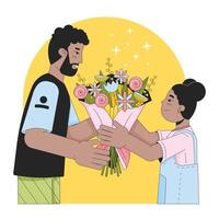 arrangemang blommor på far dag linje tecknad serie platt illustration. far dotter afrikansk amerikan 2d linjekonst tecken isolerat på vit bakgrund. pappa flicka grattis scen vektor Färg bild