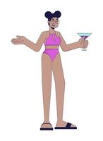 schwarz Frau beim Schwimmbad Party 2d linear Karikatur Charakter. afrikanisch amerikanisch weiblich halten Cocktail isoliert Linie Vektor Person Weiß Hintergrund. Sommer aushängen Farbe eben Stelle Illustration